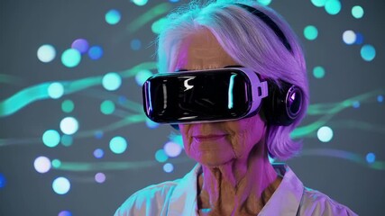 Elderly woman wearing VR headset experiences virtual environment. Technology and future visible in digital background. Glasses, gaming, woman, headset, virtual cyber world blends into modern reality - Powered by Adobe