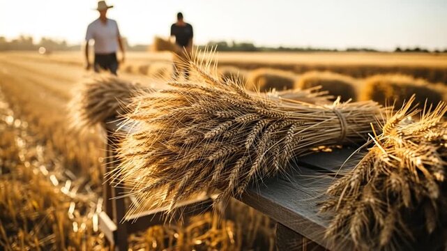 Close-up Bundles of Golden Wheat Sheaves on Rustic Wood with Farmers Harvesting Grain in Field at Golden Hour Farm Fresh Crop Bounty Symbolizing Agriculture and Harvest Season Abundance