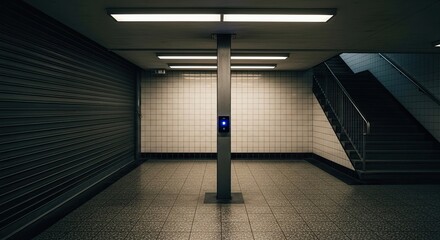 A moody, symmetrical view of an empty underground passage with a central pillar featuring a glowing blue light, tiled walls, a roller shutter, and a staircase