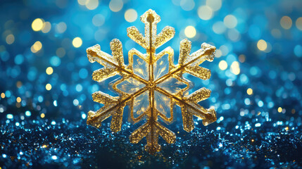 Golden translucent snowflake glowing on a blue background with bokeh for christmas and seasonal design