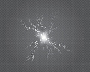 Realistic Set of White Lightning Bolts on Transparent Background Vector