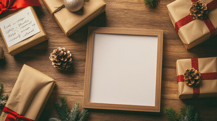 Christmas concepts with a wooden table background feature an empty frame, paper, gift box, ornament, and space for writing messages._00001_