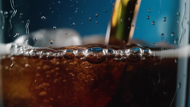 Glass of cola with ice and straw. Carbonated soft drink. Brown beverage with bubbles. Close-up view. Refreshing drink. - Powered by Adobe