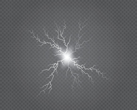 Realistic Set of White Lightning Bolts on Transparent Background Vector