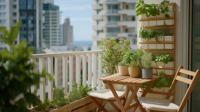 A small balcony transformed into a space-efficient garden with vertical planters, foldable chairs, and hanging herb racks &mdash; urban gardening inspiration, outdoor micro-spaces, and eco-friendly small