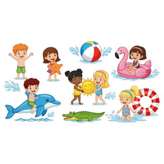 Cartoon Children Enjoying Summer Activities at the Beach.