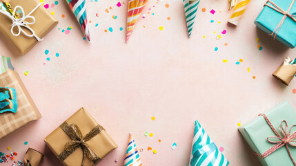 Lovely birthday ensemble idea. a table decked out in festive embellishments wrapped gifts, party hats, pipe candles, straws, and confetti on a soft pink surface. Space for text or advert.