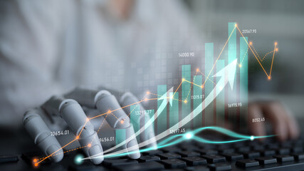 A robotic hand interacts with a keyboard, showcasing digital data charts and graphs that depict growth trends and analytics in a modern business environment. Scalp