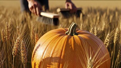 Close up of a Ripe Pumpkin in a Golden Wheat Field with a Person Sweeping The Background in a Sunny Day. Farming and Autumn Harvest Theme in Beautiful Morning Light 180-200 chars
