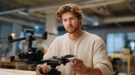 A tech reviewer demonstrating gimbal features on a desk setup, showcasing joystick controls, focus wheels, and tracking modes under clean studio lighting — product review content, camera gear