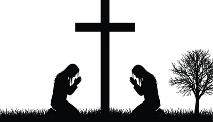 Black silhouette of two women kneeling in prayer by a cross, Christian religious vector illustration background, faith and spirituality concept design