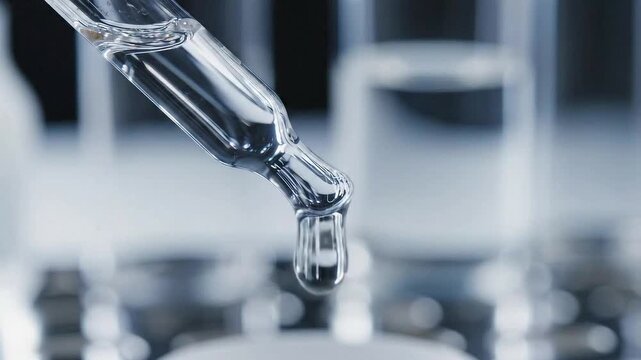 Close up of clear liquid dripping from laboratory pipette into transparent vials against a blurred background with soft lighting suitable for beauty product formulations