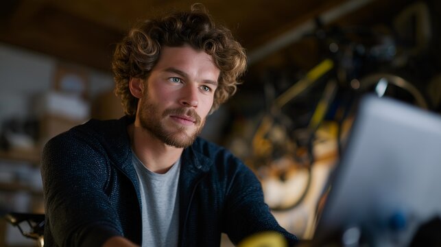 An industrial engineer testing a kinetic energy recovery system on a stationary bike, tracking power generation on a digital dashboard — sustainable engineering, human-powered energy, and fitness