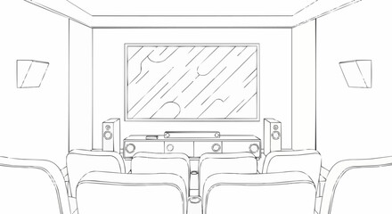 Home theater room with screen and comfortable seating arrangement.