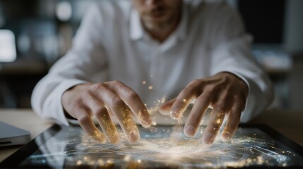 A scientist adjusting a holographic molecule model that expands outward into layered structures, revealing deeper atomic patterns — scientific discovery, research visualization, and breakthrough