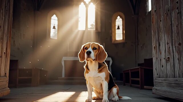 Beagle dog sits calmly in a sunlit doorway of an old chapel, with rays of light streaming through stained glass, showcasing serene atmosphere and gentle ambiance