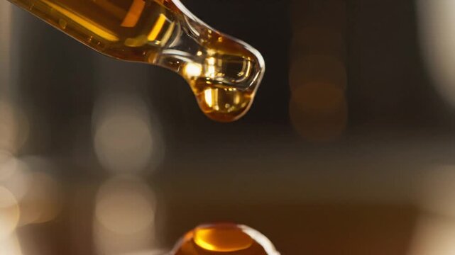 Close up of golden amber liquid dripping from a glass dropper creating droplet abstract background science cosmetic health concept