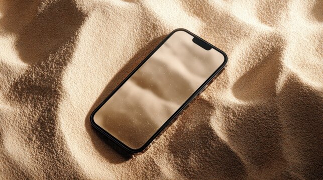 Smartphone resting on sandy beach