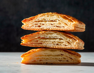 Flaky stacked puff pastry pieces with golden layers and airy texture. Delicious bakery concept, warm tones, appetizing food styling for menus and culinary visuals.