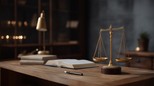Scales of justice placed prominently on a lawyer’s desk beside open legal books, a fountain pen, and a softly glowing desk lamp — a timeless, symbolic composition celebrating fairness, ethics, and