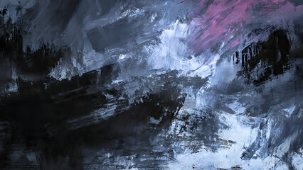 An abstract wallpaper featuring expressive brushstrokes in shades of black, slate gray, and indigo, layered over a textured matte canvas.