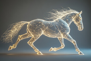 A stylized horse image formed from smooth geometric lines and polygonal wireframe shapes, blending organic curves with the symmetry of modern digital art. White background, clean vector precision.