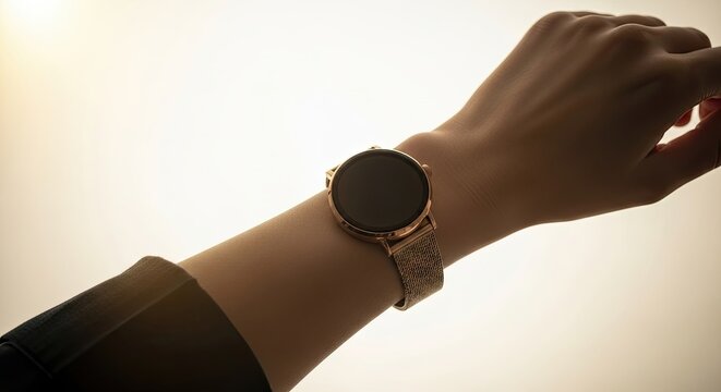 Close-up of a woman's wrist wearing an elegant rose gold smartwatch with a blank screen, silhouetted against a bright, warm, minimalist background with a soft lens flare