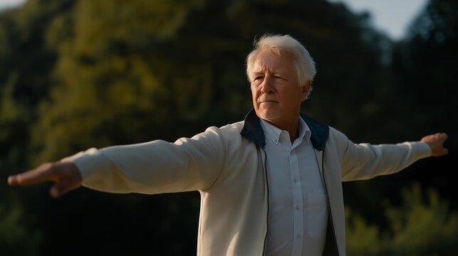 A senior man enjoying a gentle tai chi session in a quiet park at sunrise, slow flowing movements synchronized with deep breathing — balance training, mindful aging, and outdoor senior wellness