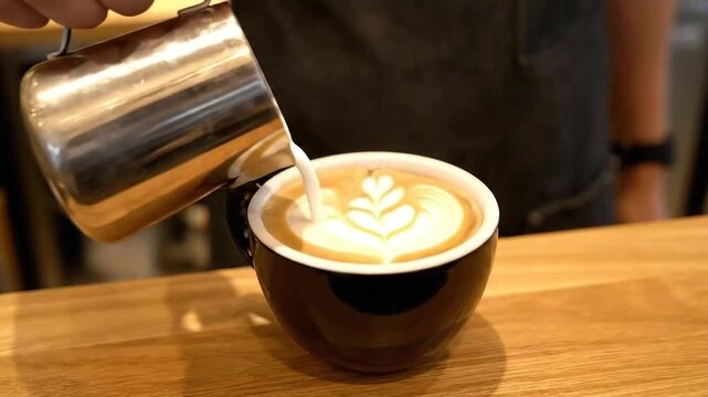 Close Up of Milk Being Poured to Create a Latte Art Design in a Black Mug on a Light Brown Countertop at Restaurant Cafe with a Barista Pouring Creamy Milk