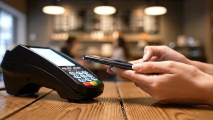 Close-Up of Mobile Payment Transaction via Terminal at Cafe Checkout on Wooden Tabletop with Menu Board in Blurred Background Promoting Modern Contactless Technology and Retail Innovation - Powered by Adobe