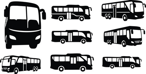 Various bus silhouettes in black showcasing different styles and designs for transportation or graphic resources 