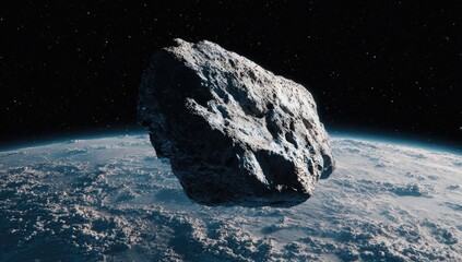 Dramatic view of a colossal, rough-textured space rock floating above the Earth's blue and white surface