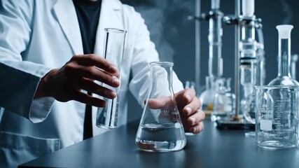 Close Up of Scientist Mixing Liquid Chemicals in Laboratory Beakers in Dark Background with White Coat for Chemistry Education and Pharmaceutical Research Experimentation Video
