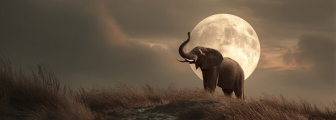 An elephant trumpets in front of a full moon over a field of tall, dry grass under a cloudy sky