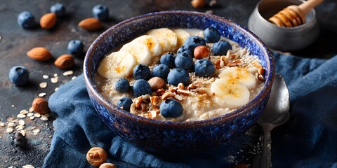 Healthy Oatmeal Bowl with Blueberries, Banana, Nuts, and Honey on Rustic Table