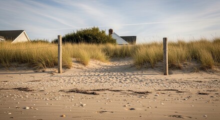 A tranquil sandy path leads through tall grass on a coastal dune towards charming beach houses under a serene blue sky with wispy clouds on a peaceful afternoon
