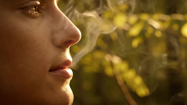 Close Up Of Young Man Smoking a Cigarette Against a Green Bokeh Leafy Background with Concentrated Expression, Warm Tone Lighting, Tobacco and Addiction Concept Visualized 190