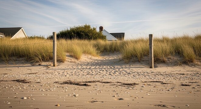A tranquil sandy path leads through tall grass on a coastal dune towards charming beach houses under a serene blue sky with wispy clouds on a peaceful afternoon - Powered by Adobe