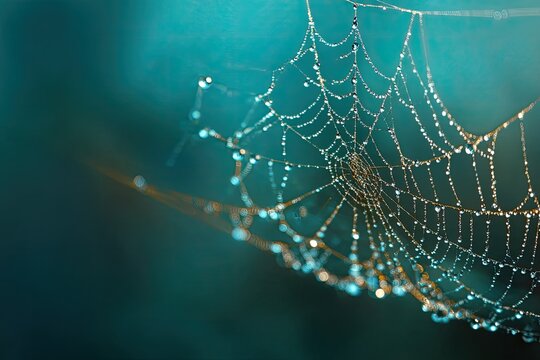 Close-up view showcasing a spiderweb adorned with dewdrops against a teal and green background