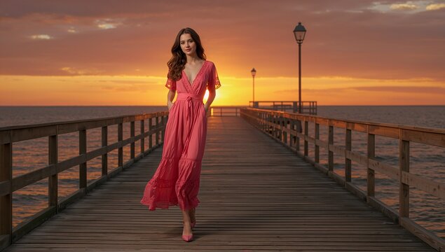 Woman young walking pink dress heels wooden pier ocean sunset calm serene orange yellow generative AI