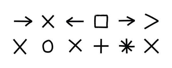 Hand drawn symbols and shapes on white background