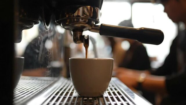 Close Up Shot of Espresso Pouring into White Ceramic Cup from Metal Machine in Dark Tone Cafe with Blurred Background Patrons with Muted Colors for Beverage and Business Concepts