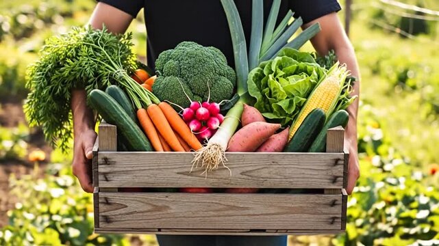 Close Up Shot of Man Holding Wooden Crate Filled with Fresh Vegetables Including Carrots Radishes Leeks Sweet Potatoes and Corn in Greenery Garden Background in Bright Day Light