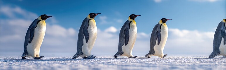 A row of penguins walking across a snowy landscape under a bright blue sky. They move in a line