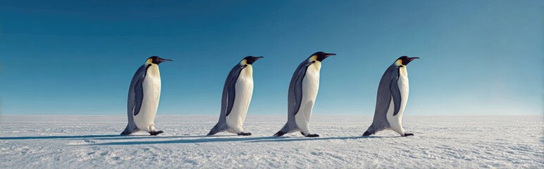 Obraz premium Four emperor penguins walking single-file across a snow-covered landscape beneath a clear blue sky