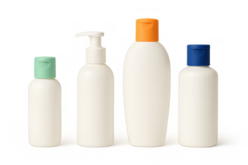 Various blank white plastic cosmetic bottles with different colored caps and pump dispenser, isolated on a transparent background