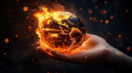 A hand cradles a burning, fiery globe, symbolizing global warming and environmental crisis