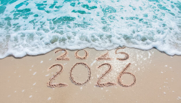 Transition from 2025 to 2026 written on sandy beach with ocean waves. illustration
