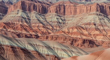 Majestic geological landscape featuring vibrant, multi-colored layers of eroded sedimentary rock in a vast desert canyon, creating a stunning natural abstract pattern