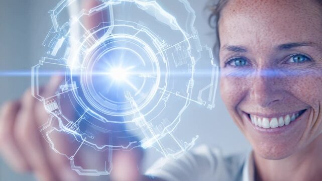 woman working with virtual computer, futuristic background